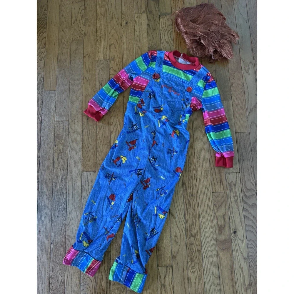 Chucky jumpsuit costume Spirit Halloween 5-6 striped shirt blue overalls red wig